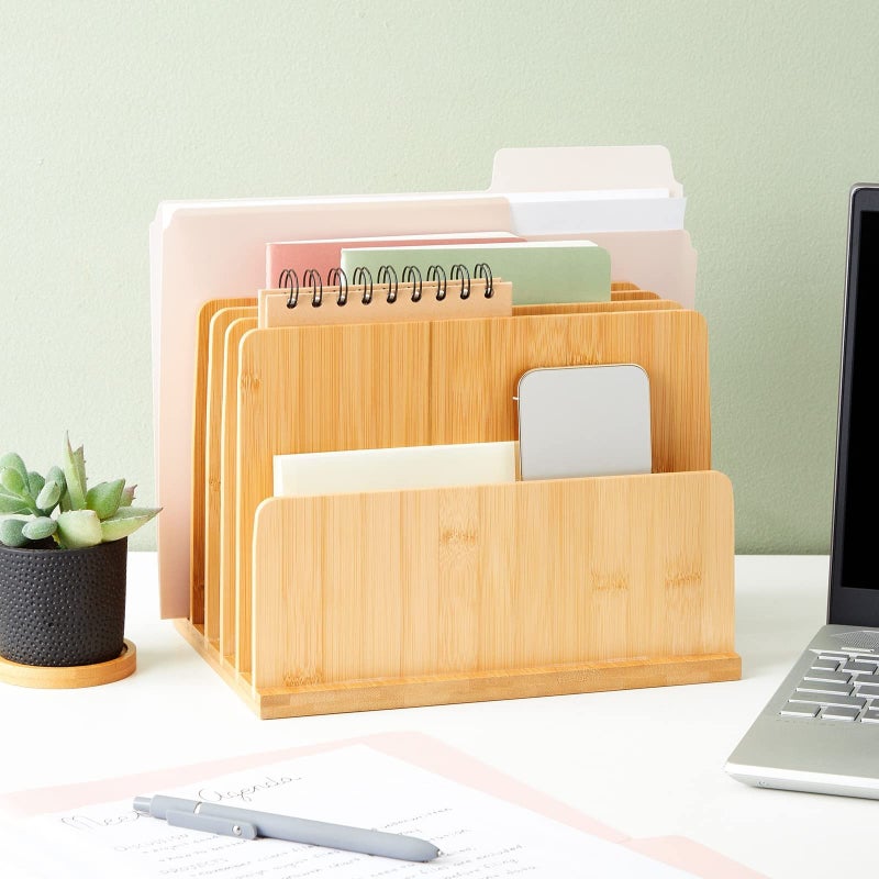 Paper Junkie Bamboo Wooden Mail Holder, File Sorter for Letter and Folder Document Storage, Envelope Organizer with 5 Slots for Office Desk, Countertop, Home Organization (10x7 in) - Image 3